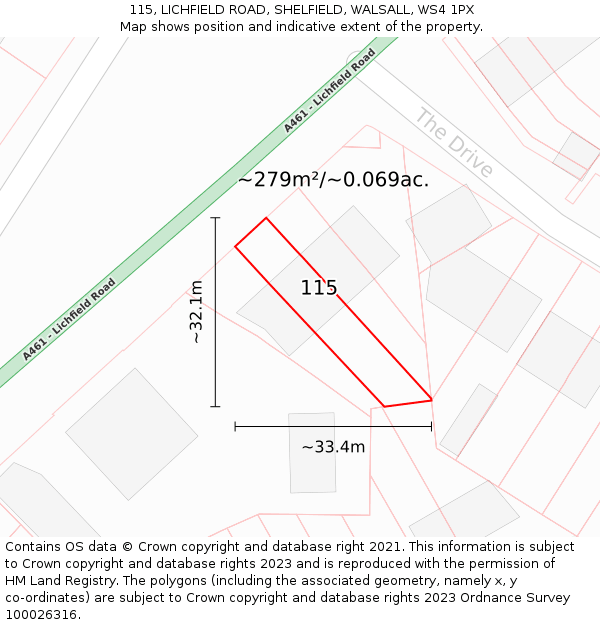 115, LICHFIELD ROAD, SHELFIELD, WALSALL, WS4 1PX: Plot and title map