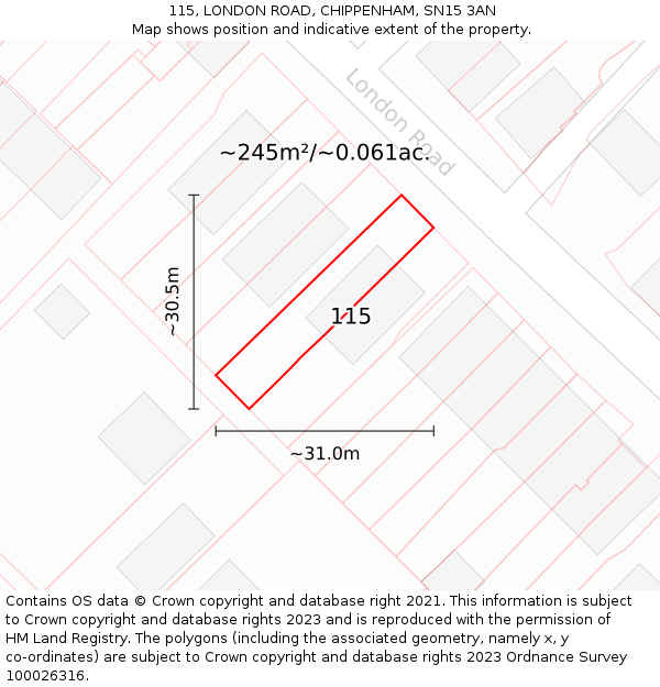 115, LONDON ROAD, CHIPPENHAM, SN15 3AN: Plot and title map