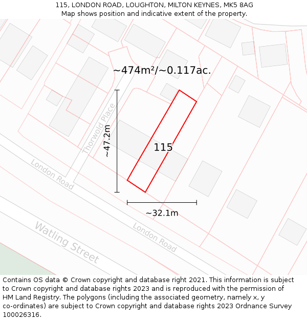115, LONDON ROAD, LOUGHTON, MILTON KEYNES, MK5 8AG: Plot and title map