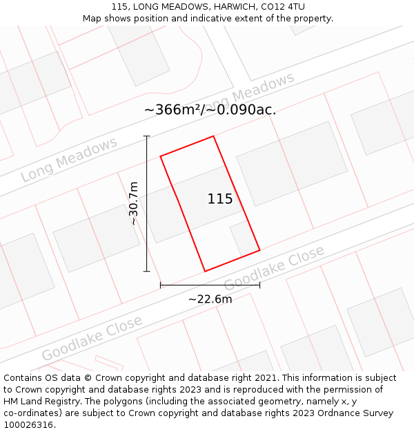 115, LONG MEADOWS, HARWICH, CO12 4TU: Plot and title map