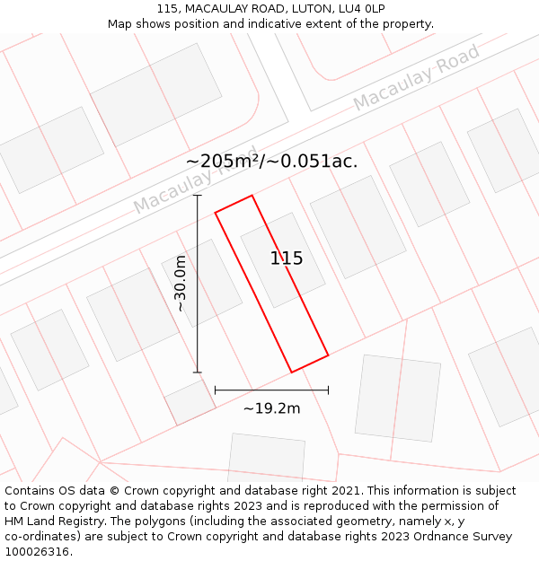 115, MACAULAY ROAD, LUTON, LU4 0LP: Plot and title map