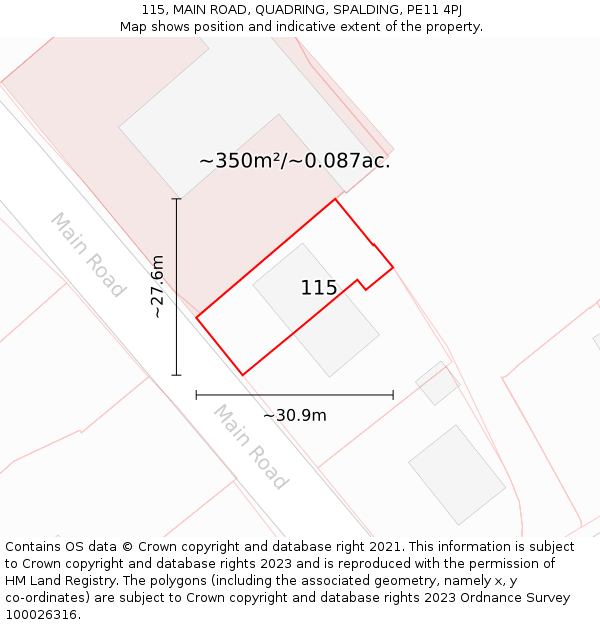 115, MAIN ROAD, QUADRING, SPALDING, PE11 4PJ: Plot and title map