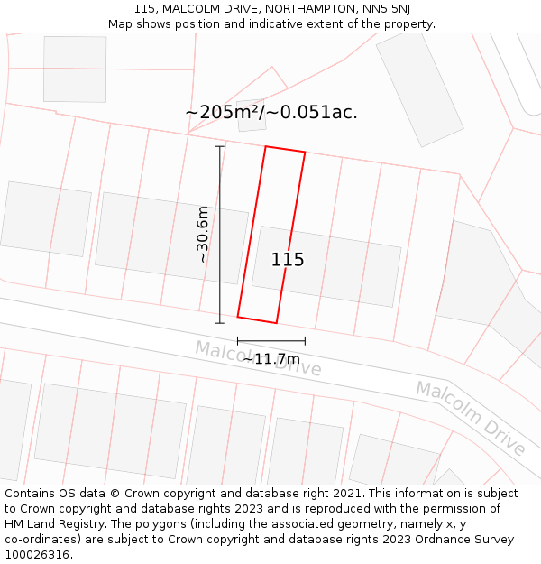 115, MALCOLM DRIVE, NORTHAMPTON, NN5 5NJ: Plot and title map