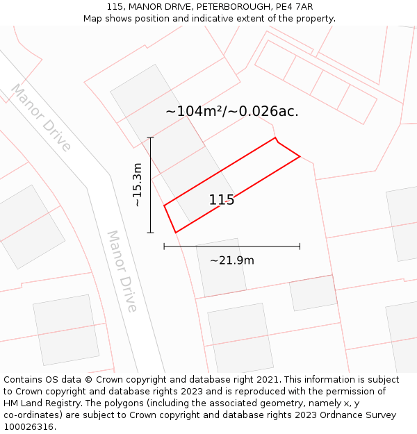 115, MANOR DRIVE, PETERBOROUGH, PE4 7AR: Plot and title map