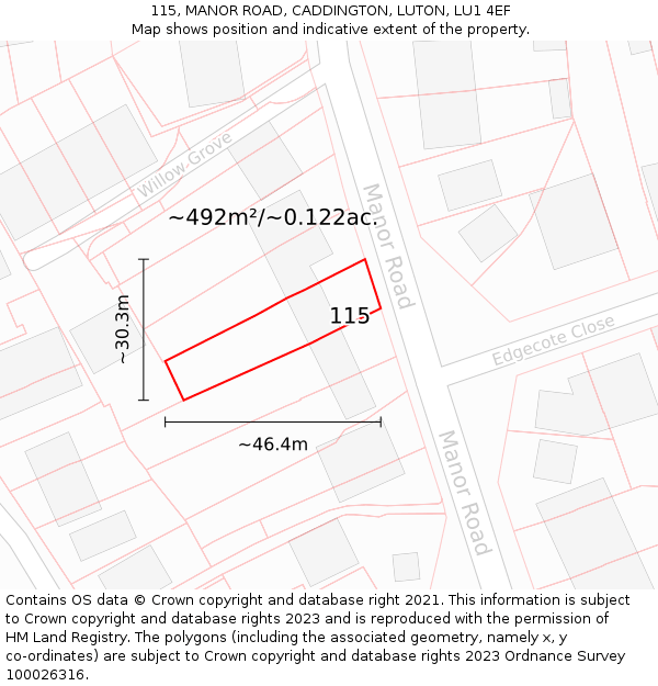 115, MANOR ROAD, CADDINGTON, LUTON, LU1 4EF: Plot and title map