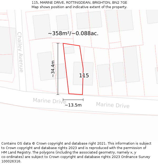 115, MARINE DRIVE, ROTTINGDEAN, BRIGHTON, BN2 7GE: Plot and title map