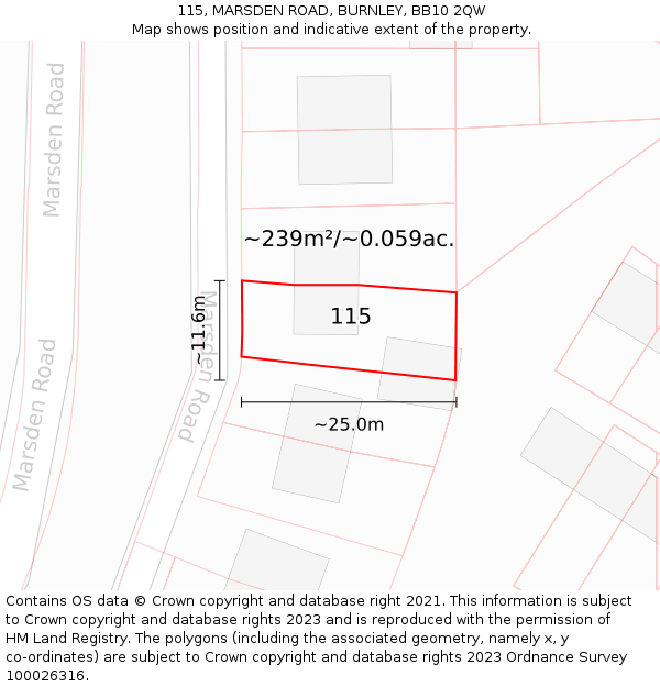 115, MARSDEN ROAD, BURNLEY, BB10 2QW: Plot and title map