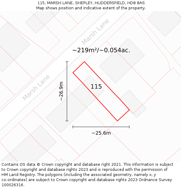 115, MARSH LANE, SHEPLEY, HUDDERSFIELD, HD8 8AS: Plot and title map
