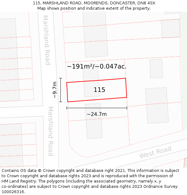115, MARSHLAND ROAD, MOORENDS, DONCASTER, DN8 4SX: Plot and title map