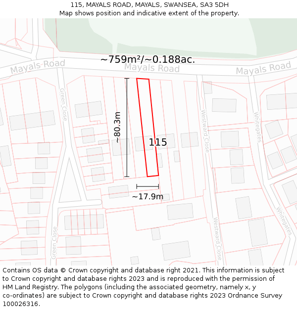 115, MAYALS ROAD, MAYALS, SWANSEA, SA3 5DH: Plot and title map