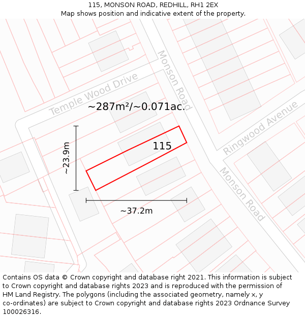 115, MONSON ROAD, REDHILL, RH1 2EX: Plot and title map