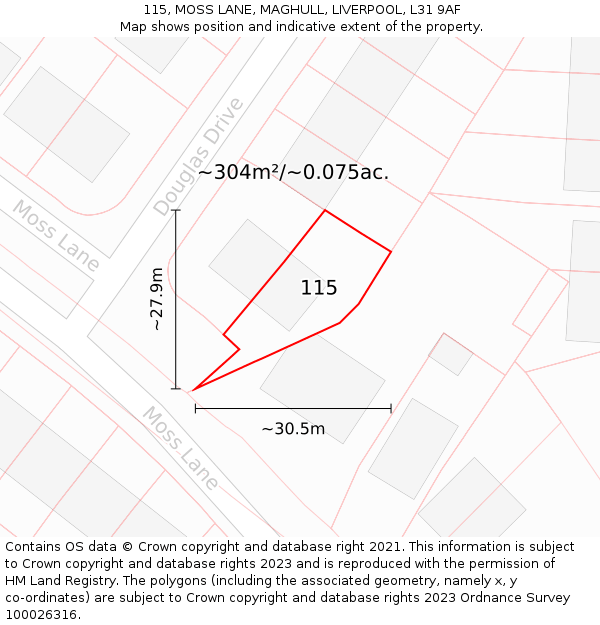 115, MOSS LANE, MAGHULL, LIVERPOOL, L31 9AF: Plot and title map