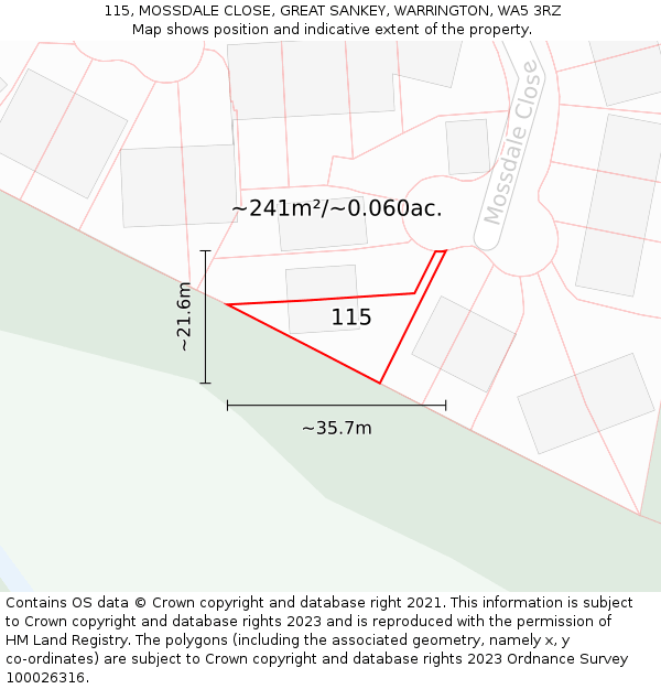 115, MOSSDALE CLOSE, GREAT SANKEY, WARRINGTON, WA5 3RZ: Plot and title map