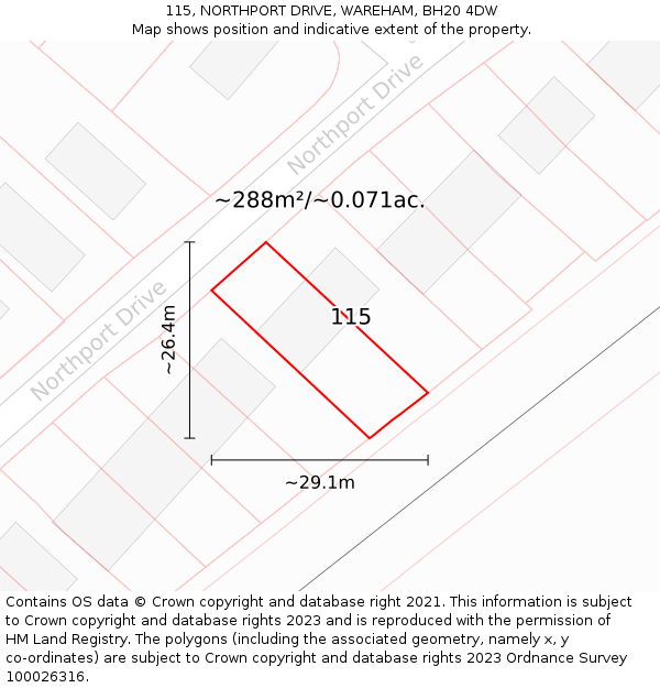 115, NORTHPORT DRIVE, WAREHAM, BH20 4DW: Plot and title map