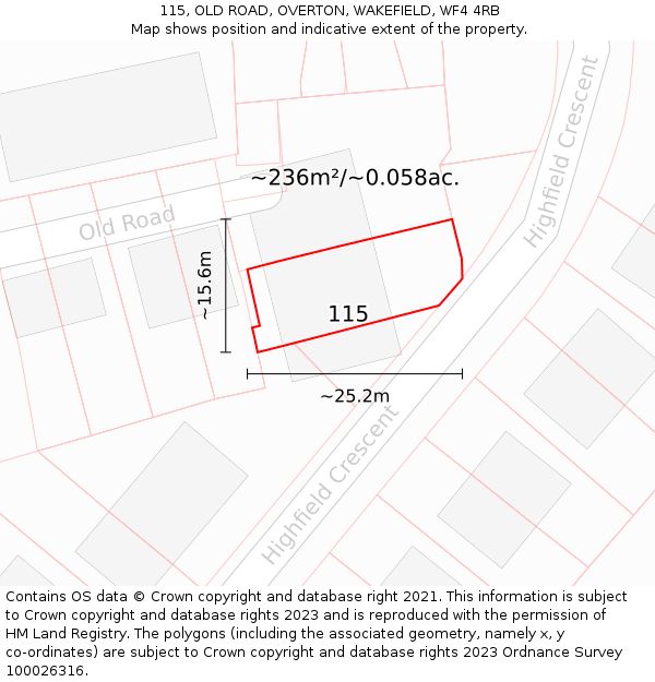 115, OLD ROAD, OVERTON, WAKEFIELD, WF4 4RB: Plot and title map