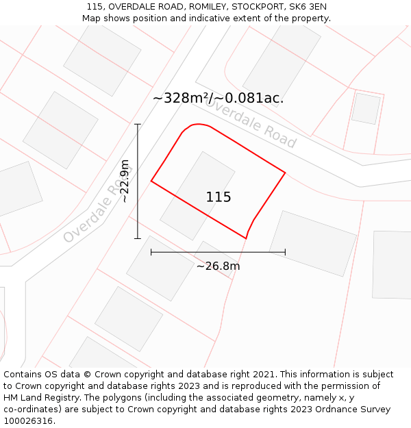 115, OVERDALE ROAD, ROMILEY, STOCKPORT, SK6 3EN: Plot and title map