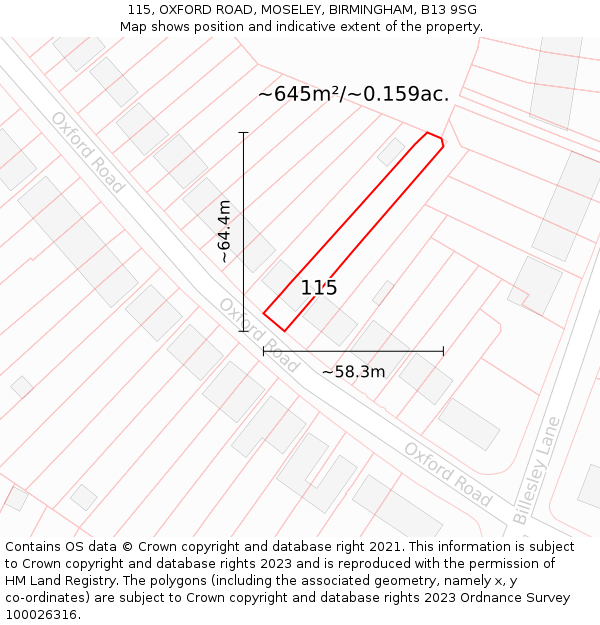 115, OXFORD ROAD, MOSELEY, BIRMINGHAM, B13 9SG: Plot and title map