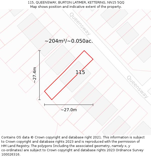 115, QUEENSWAY, BURTON LATIMER, KETTERING, NN15 5QQ: Plot and title map