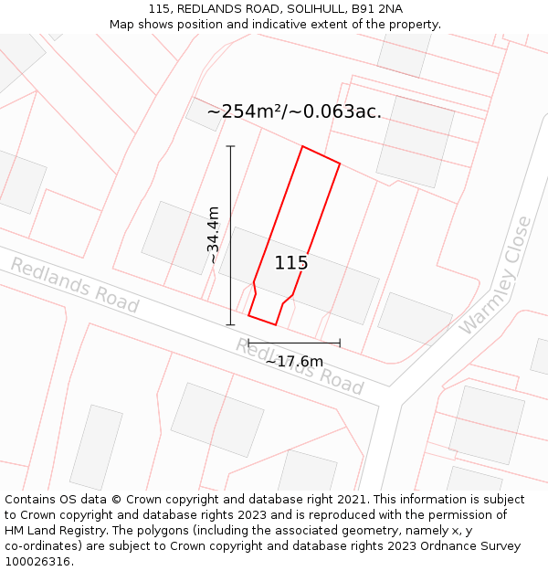 115, REDLANDS ROAD, SOLIHULL, B91 2NA: Plot and title map