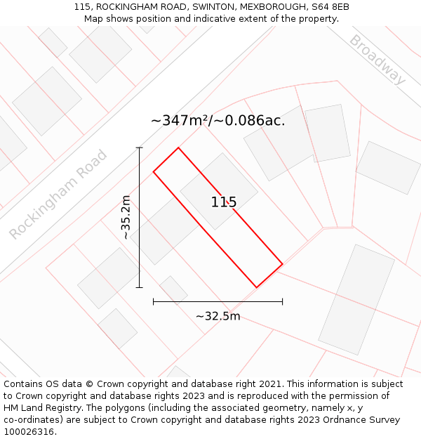 115, ROCKINGHAM ROAD, SWINTON, MEXBOROUGH, S64 8EB: Plot and title map