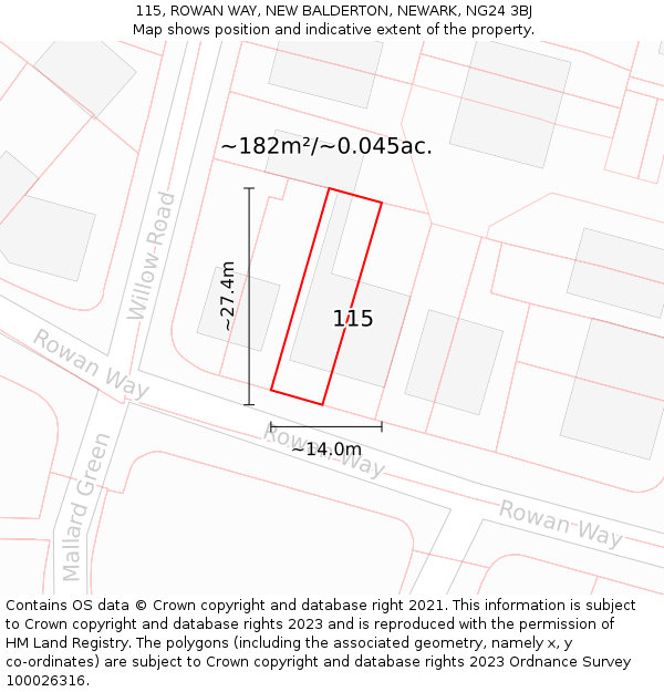 115, ROWAN WAY, NEW BALDERTON, NEWARK, NG24 3BJ: Plot and title map