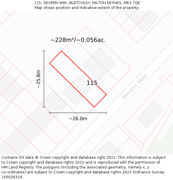 115, SEVERN WAY, BLETCHLEY, MILTON KEYNES, MK3 7QE: Plot and title map
