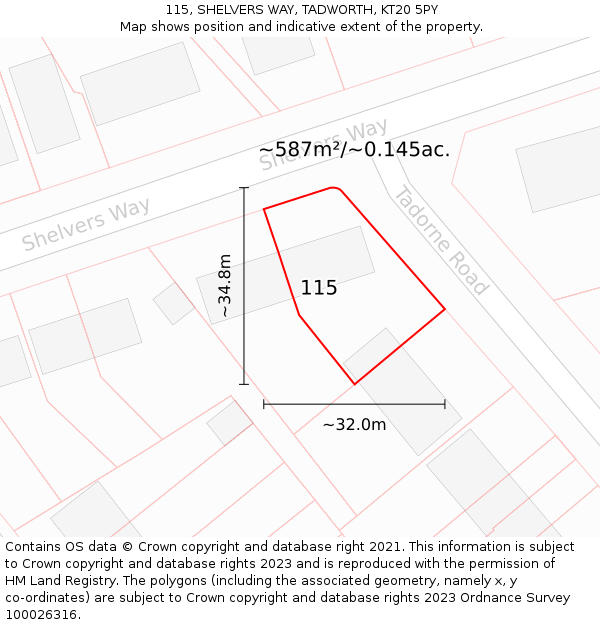 115, SHELVERS WAY, TADWORTH, KT20 5PY: Plot and title map