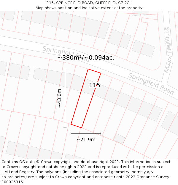 115, SPRINGFIELD ROAD, SHEFFIELD, S7 2GH: Plot and title map