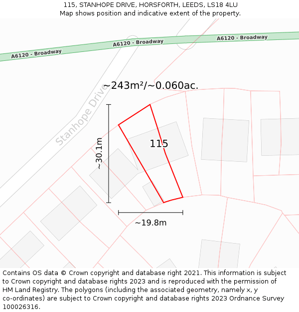 115, STANHOPE DRIVE, HORSFORTH, LEEDS, LS18 4LU: Plot and title map