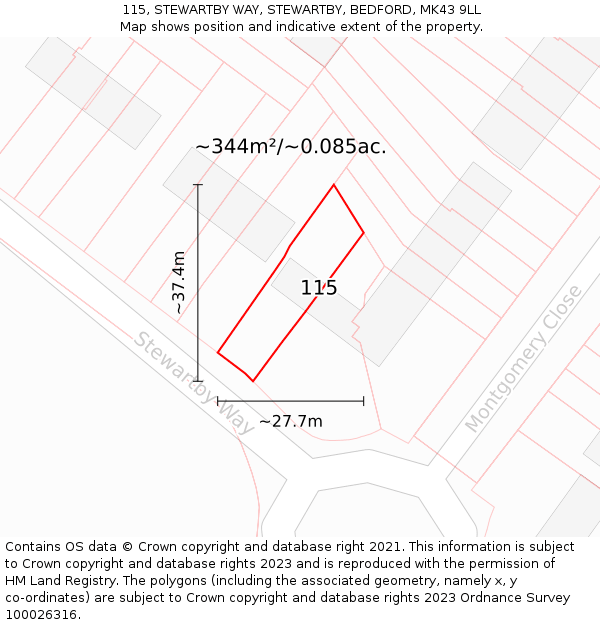 115, STEWARTBY WAY, STEWARTBY, BEDFORD, MK43 9LL: Plot and title map