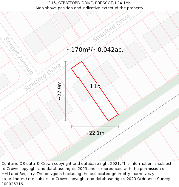 115, STRATFORD DRIVE, PRESCOT, L34 1AN: Plot and title map