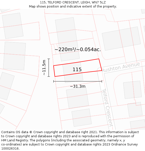 115, TELFORD CRESCENT, LEIGH, WN7 5LZ: Plot and title map