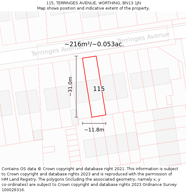 115, TERRINGES AVENUE, WORTHING, BN13 1JN: Plot and title map