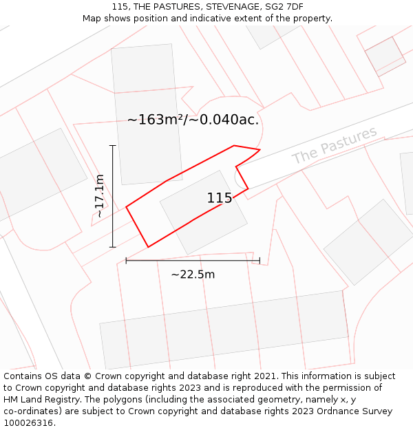 115, THE PASTURES, STEVENAGE, SG2 7DF: Plot and title map