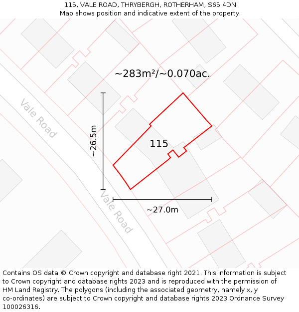 115, VALE ROAD, THRYBERGH, ROTHERHAM, S65 4DN: Plot and title map