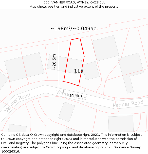 115, VANNER ROAD, WITNEY, OX28 1LL: Plot and title map