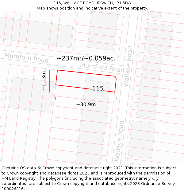 115, WALLACE ROAD, IPSWICH, IP1 5DA: Plot and title map