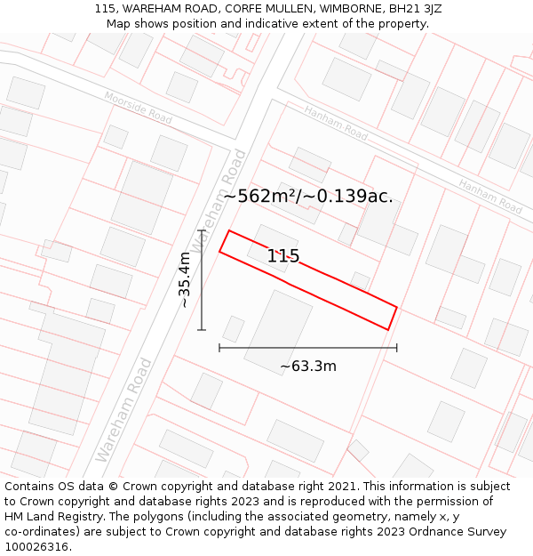 115, WAREHAM ROAD, CORFE MULLEN, WIMBORNE, BH21 3JZ: Plot and title map