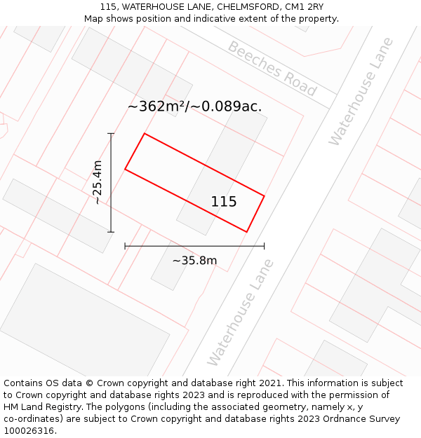 115, WATERHOUSE LANE, CHELMSFORD, CM1 2RY: Plot and title map