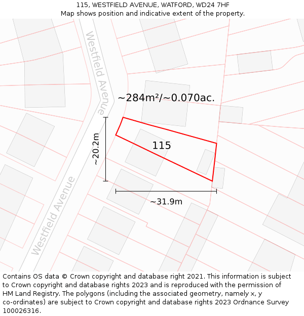 115, WESTFIELD AVENUE, WATFORD, WD24 7HF: Plot and title map