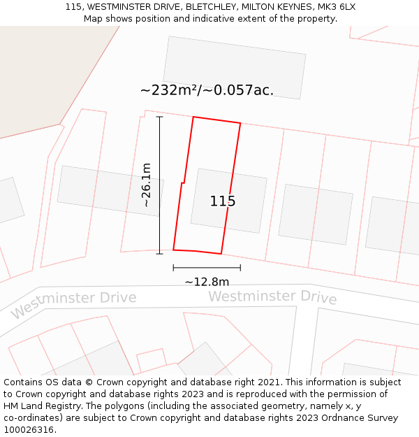 115, WESTMINSTER DRIVE, BLETCHLEY, MILTON KEYNES, MK3 6LX: Plot and title map