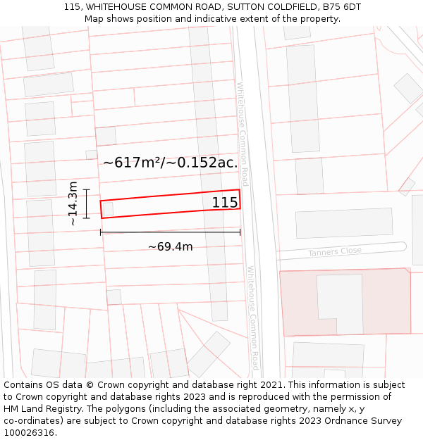 115, WHITEHOUSE COMMON ROAD, SUTTON COLDFIELD, B75 6DT: Plot and title map