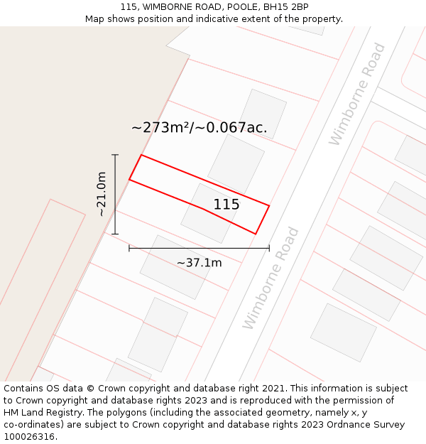 115, WIMBORNE ROAD, POOLE, BH15 2BP: Plot and title map