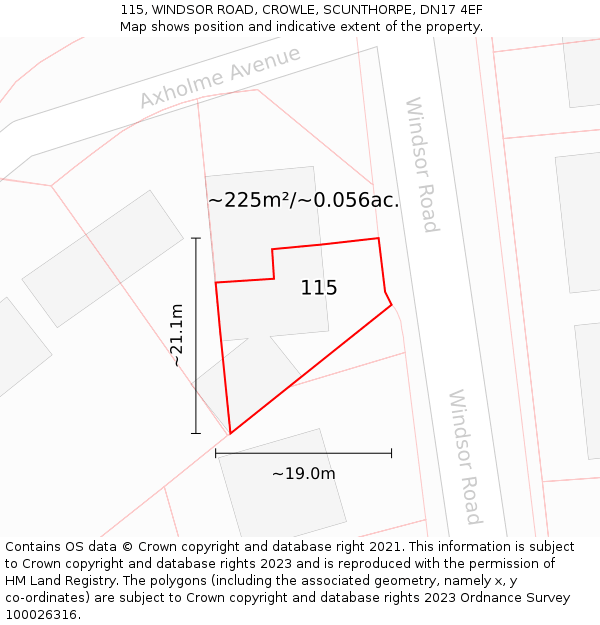 115, WINDSOR ROAD, CROWLE, SCUNTHORPE, DN17 4EF: Plot and title map