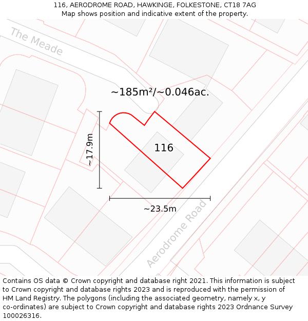 116, AERODROME ROAD, HAWKINGE, FOLKESTONE, CT18 7AG: Plot and title map