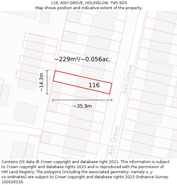 116, ASH GROVE, HOUNSLOW, TW5 9DS: Plot and title map