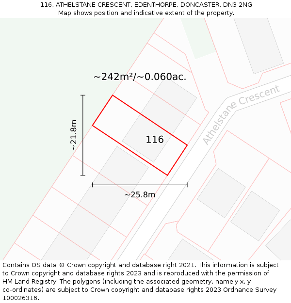 116, ATHELSTANE CRESCENT, EDENTHORPE, DONCASTER, DN3 2NG: Plot and title map