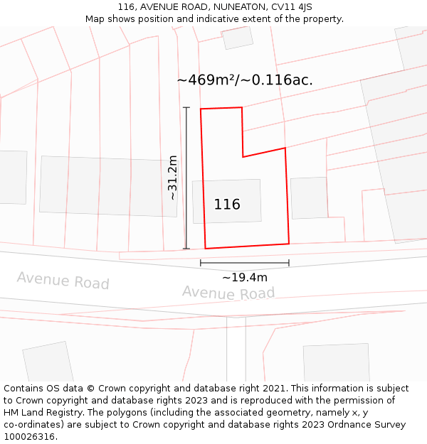 116, AVENUE ROAD, NUNEATON, CV11 4JS: Plot and title map