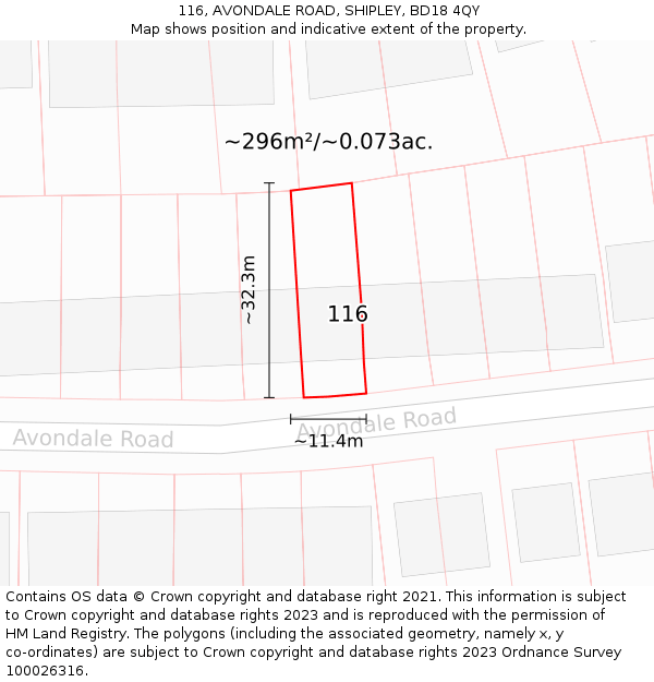 116, AVONDALE ROAD, SHIPLEY, BD18 4QY: Plot and title map