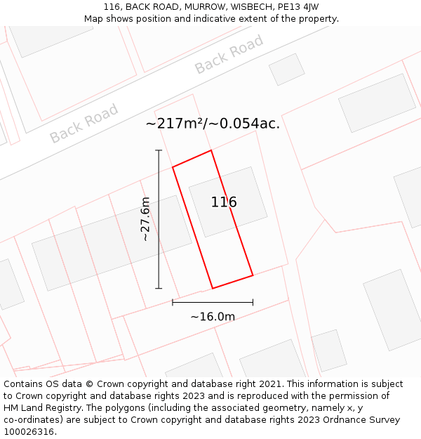 116, BACK ROAD, MURROW, WISBECH, PE13 4JW: Plot and title map